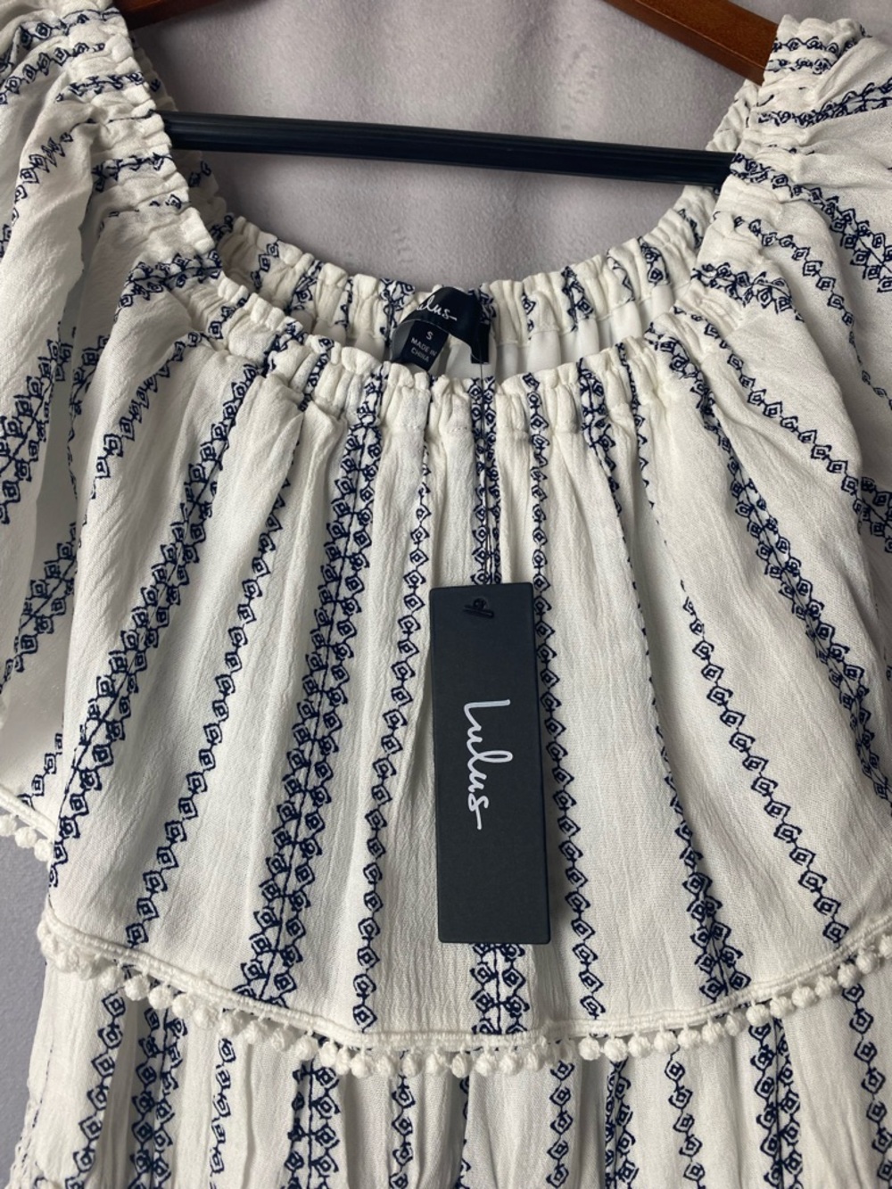 Lulu's off shoulder boho romper striped festival White Navy Embroidery summer S - Picture 5 of 13
